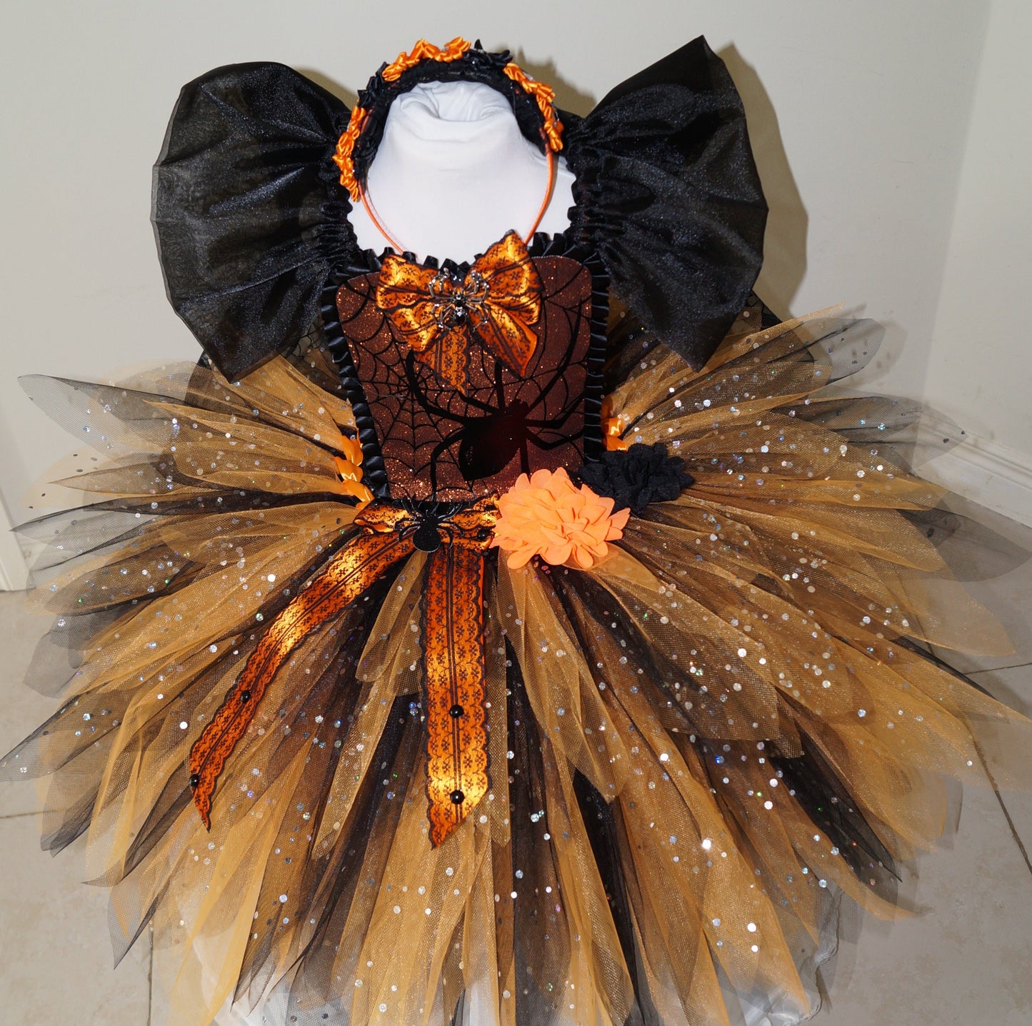 Black and Orange Spider Zombie Bride Halloween Tutu Dress