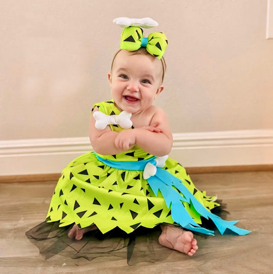Pebbles Flintstones- Girls/Baby/Toddler Costume-Lime Green/Orange