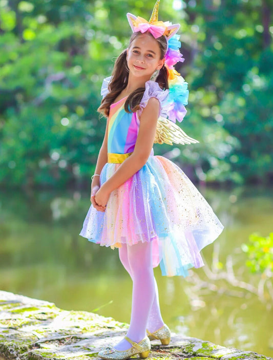 Girls Magical Golden Rainbow Unicorn Costume Dress