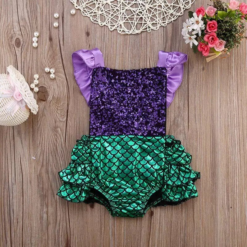 Newborn Baby Girls Romper Summer Sequins Ruffles Sleeveless Mermaid Romper Girl Fashion Sunsuit