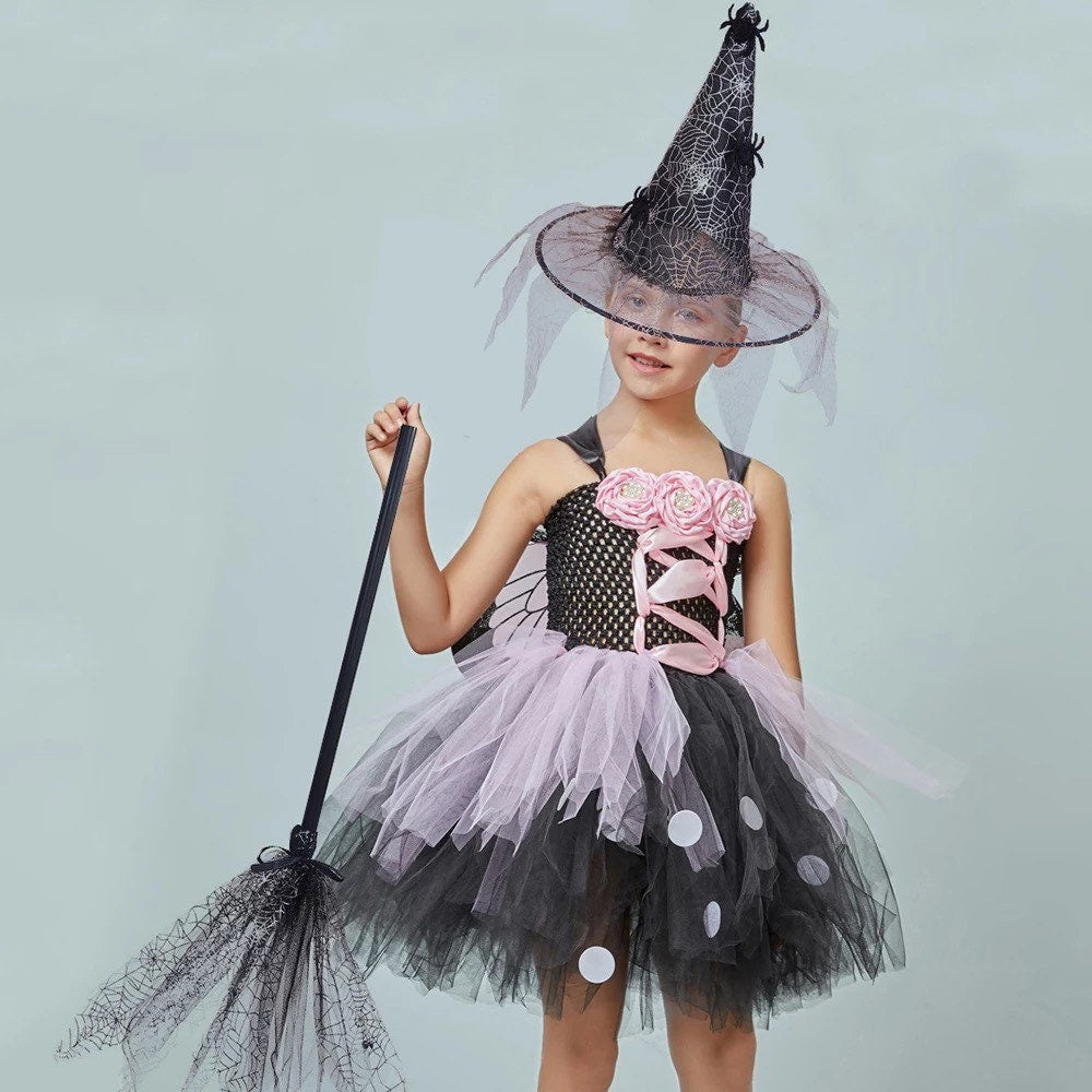 Girls Evil Dark Fairy Witch Halloween Dress Up Costume Black & Pink Gala Tutu Dress for Carnival Cosplay Party Fancy Clothes