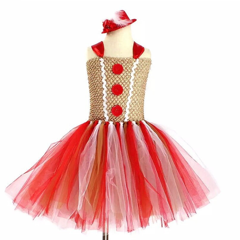 Children Christmas Ginger Bread Tutu Dress with Hair Clip Miss Gingerbread Girl Fancy Dress for Kids Birthday Xmas Party Costume