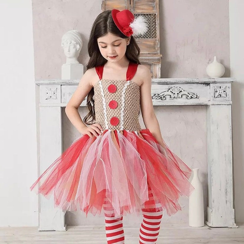 Children Christmas Ginger Bread Tutu Dress with Hair Clip Miss Gingerbread Girl Fancy Dress for Kids Birthday Xmas Party Costume