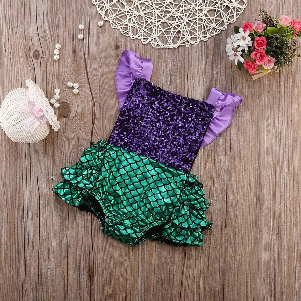 Newborn Baby Girls Romper Summer Sequins Ruffles Sleeveless Mermaid Romper Girl Fashion Sunsuit