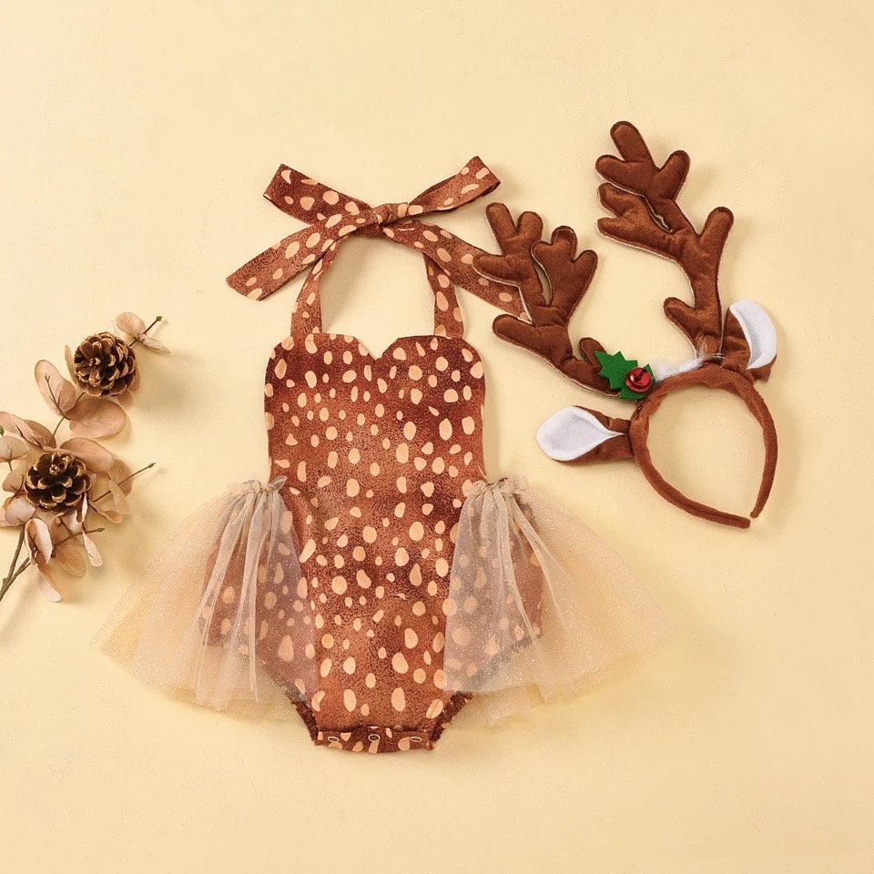 Reindeer Christmas Baby Girl Romper Deer Costume Clothes Sleeveless Dot Print Backless Tulle Tutu Jumpsuit Dress 0-24M