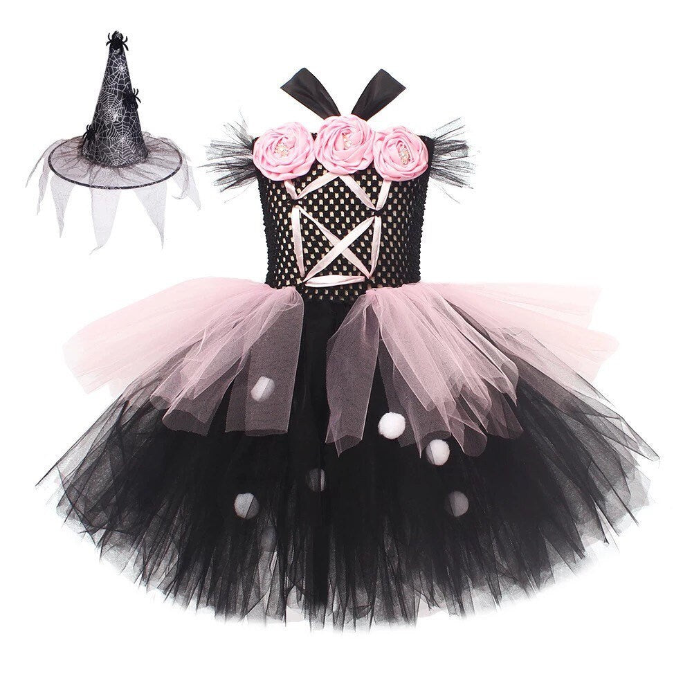 Girls Evil Dark Fairy Witch Halloween Dress Up Costume Black & Pink Gala Tutu Dress for Carnival Cosplay Party Fancy Clothes