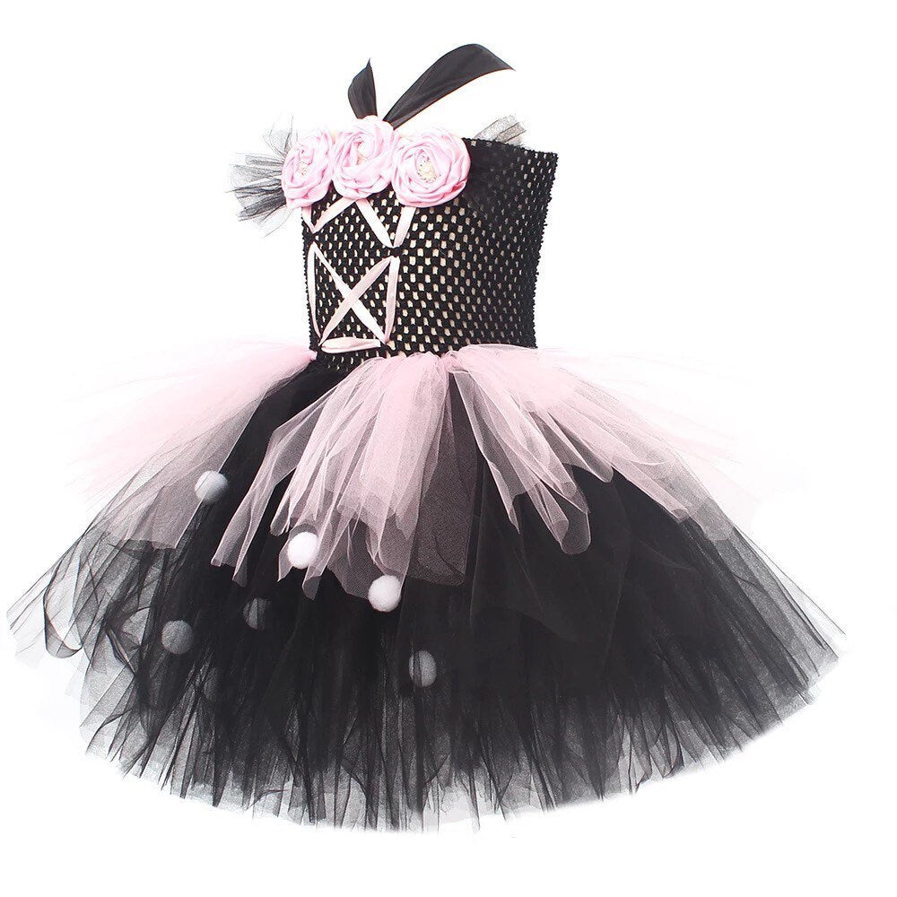 Girls Evil Dark Fairy Witch Halloween Dress Up Costume Black & Pink Gala Tutu Dress for Carnival Cosplay Party Fancy Clothes