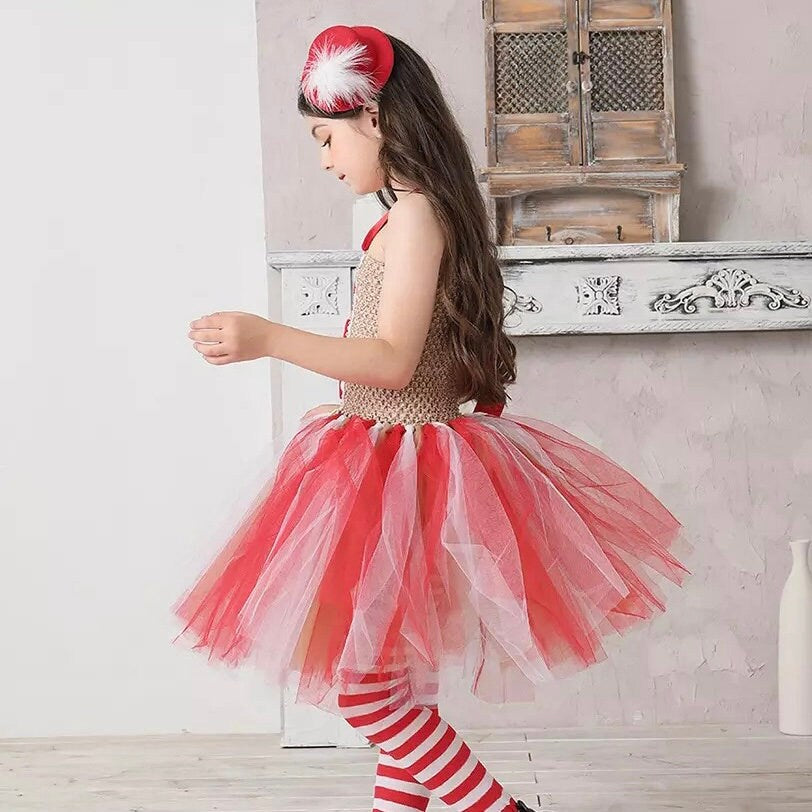 Children Christmas Ginger Bread Tutu Dress with Hair Clip Miss Gingerbread Girl Fancy Dress for Kids Birthday Xmas Party Costume