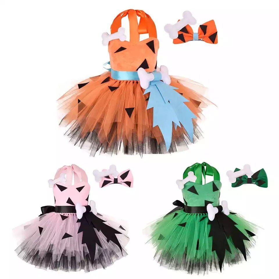 Flinstones Pebbles Costume Kids Girls Halloween Cosplay Costume Tutu Dress With Hairpin Stage Performance Costume