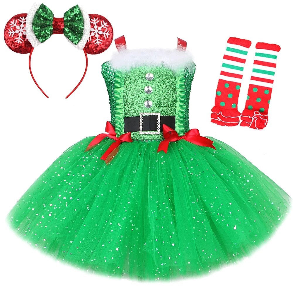 Sparkly Christmas Elf Tutu Dress for Girls Santa Claus Costumes for Kids Birthday Halloween Outfit Children Xmas Holiday Clothes