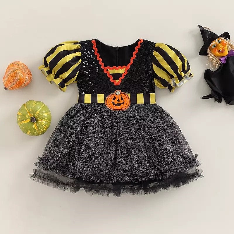 1-6Y Fashion Princess Kids Girls Party Dress Pumpkin Printed Puff Sleeve Sequined Lace Patchwork Tutu Dress