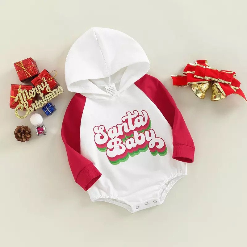 Santa Baby 2 Colors Infant Baby Girls Christmas Hoodies Romper 0-24M Santa Letter Printed Patchwork Long Sleeve Jumpsuit