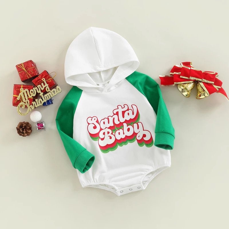 Santa Baby 2 Colors Infant Baby Girls Christmas Hoodies Romper 0-24M Santa Letter Printed Patchwork Long Sleeve Jumpsuit