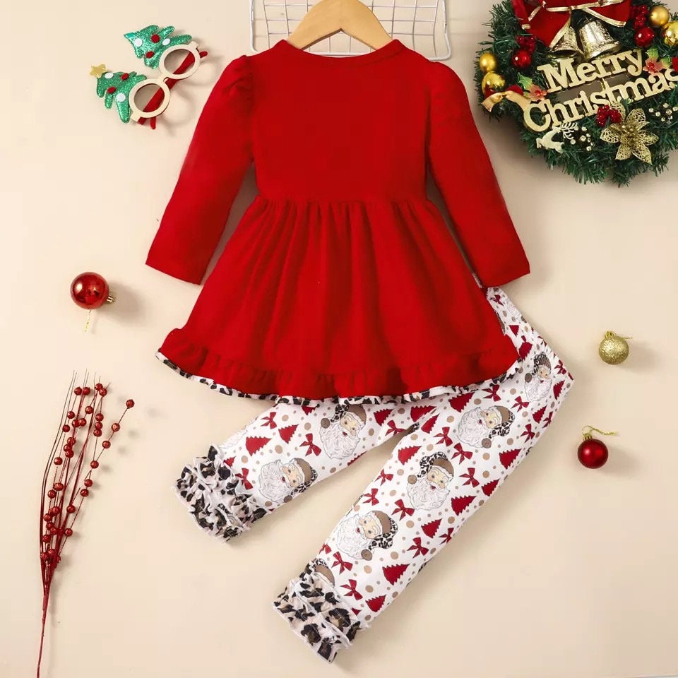 Christmas Toddler Kids Baby Girl Autumn Clothes Set, Long Sleeve Round Neck A-Line Tops + Cartoon Santa Print Pants for Christmas 18M-6T