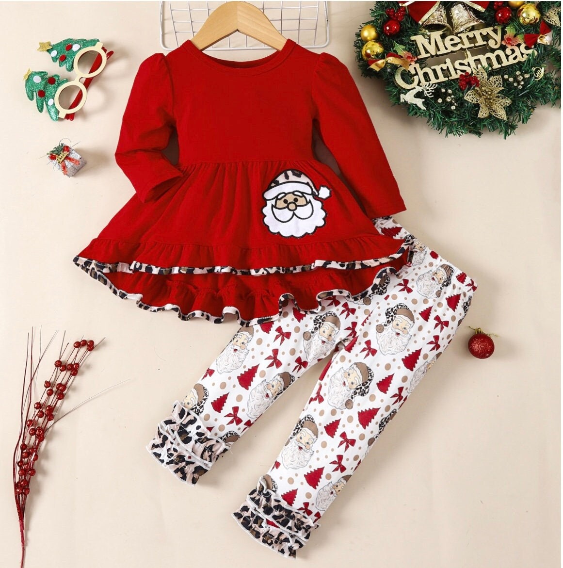 Christmas Toddler Kids Baby Girl Autumn Clothes Set, Long Sleeve Round Neck A-Line Tops + Cartoon Santa Print Pants for Christmas 18M-6T
