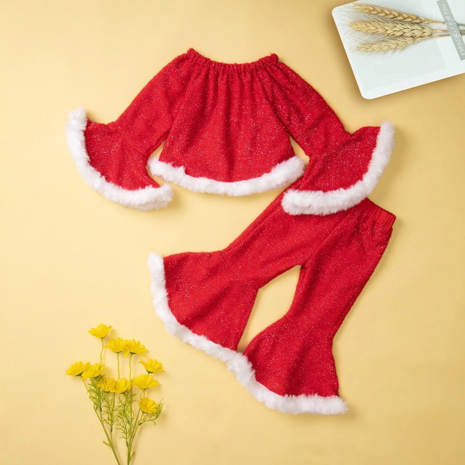 1-6T Glitter Kids Girls Santa Claus Costume Long Sleeve Velvet Top And Flare Pants Baby Girls Birthday Party Two Piece Set