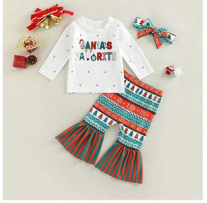 Santa Christmas Outfit 3 Pieces Kids Infant Baby Girls Suit Set, Letter Print O-Neck Long Sleeve Tops+ Floral Flared Pants+ Headband , 6M-4T