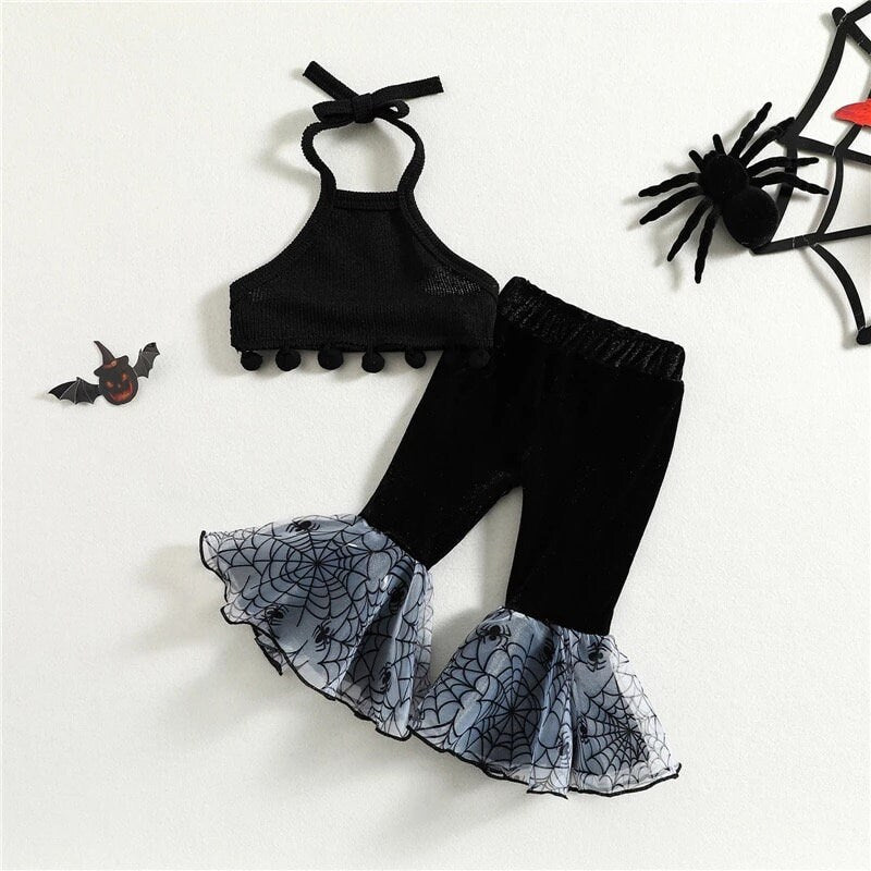 Halloween Baby Clothes Suit Infant Baby Girls Clothing Set Sleeveless Halter Top+Cobweb Patchwork Flare Pants Summer Clothes Suit 0-24 month