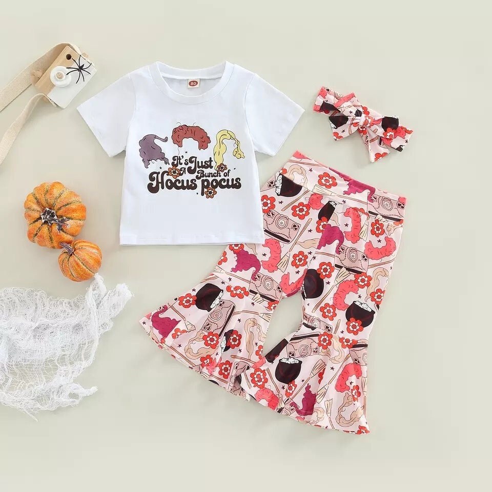 Hocus Pocus Halloween Newborn Clothes Baby Girl Clothes Sets Infant Outfit Short Sleeve Top Floral Pants headband New Born Toddler Clothing