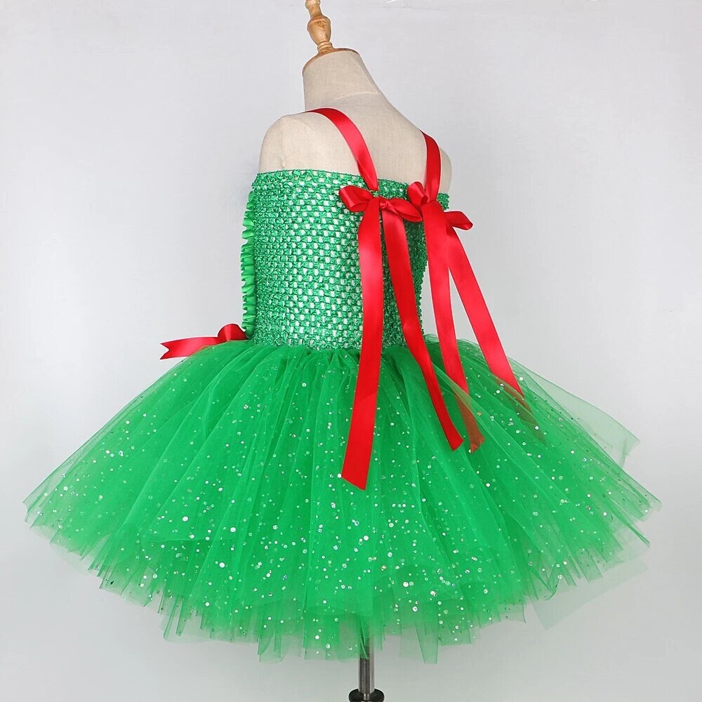 Sparkly Christmas Elf Tutu Dress for Girls Santa Claus Costumes for Kids Birthday Halloween Outfit Children Xmas Holiday Clothes