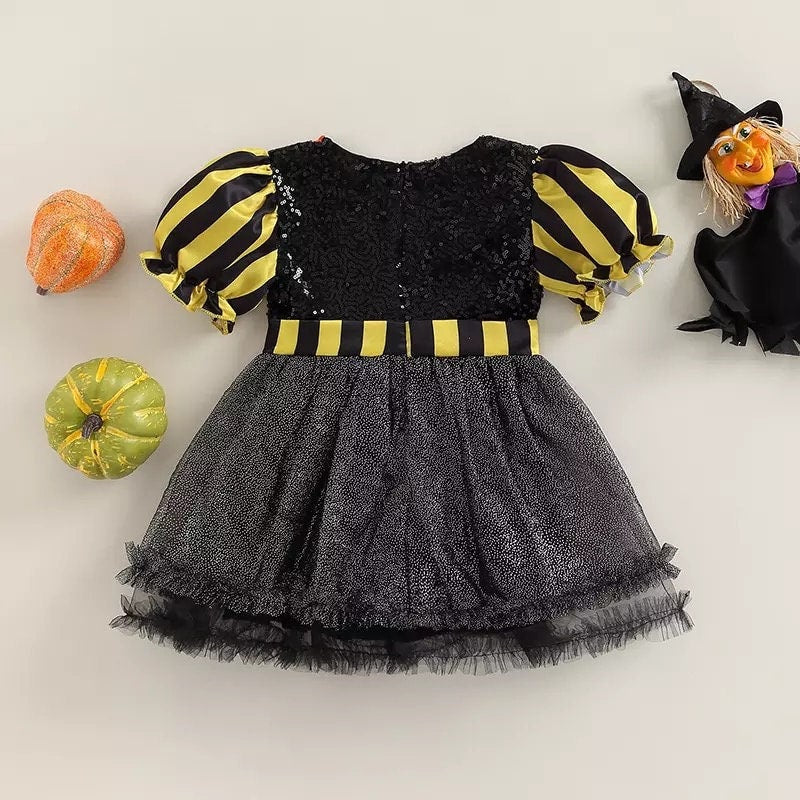 1-6Y Fashion Princess Kids Girls Party Dress Pumpkin Printed Puff Sleeve Sequined Lace Patchwork Tutu Dress