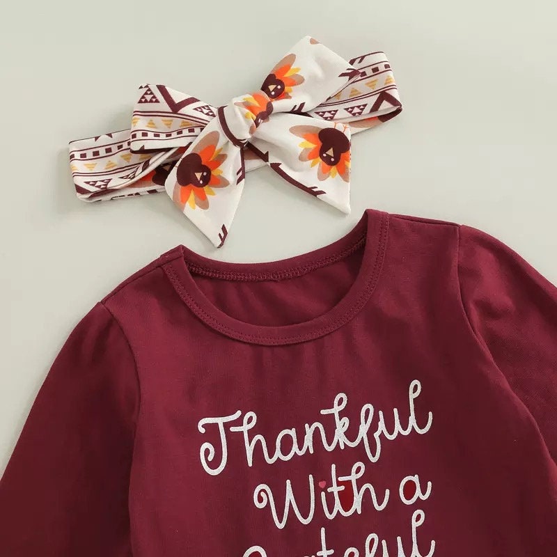 Infant Girls Thanksgiving Day Layette Turkey and Letters Printing Pullover, Bell Bottom Trousers Headdress