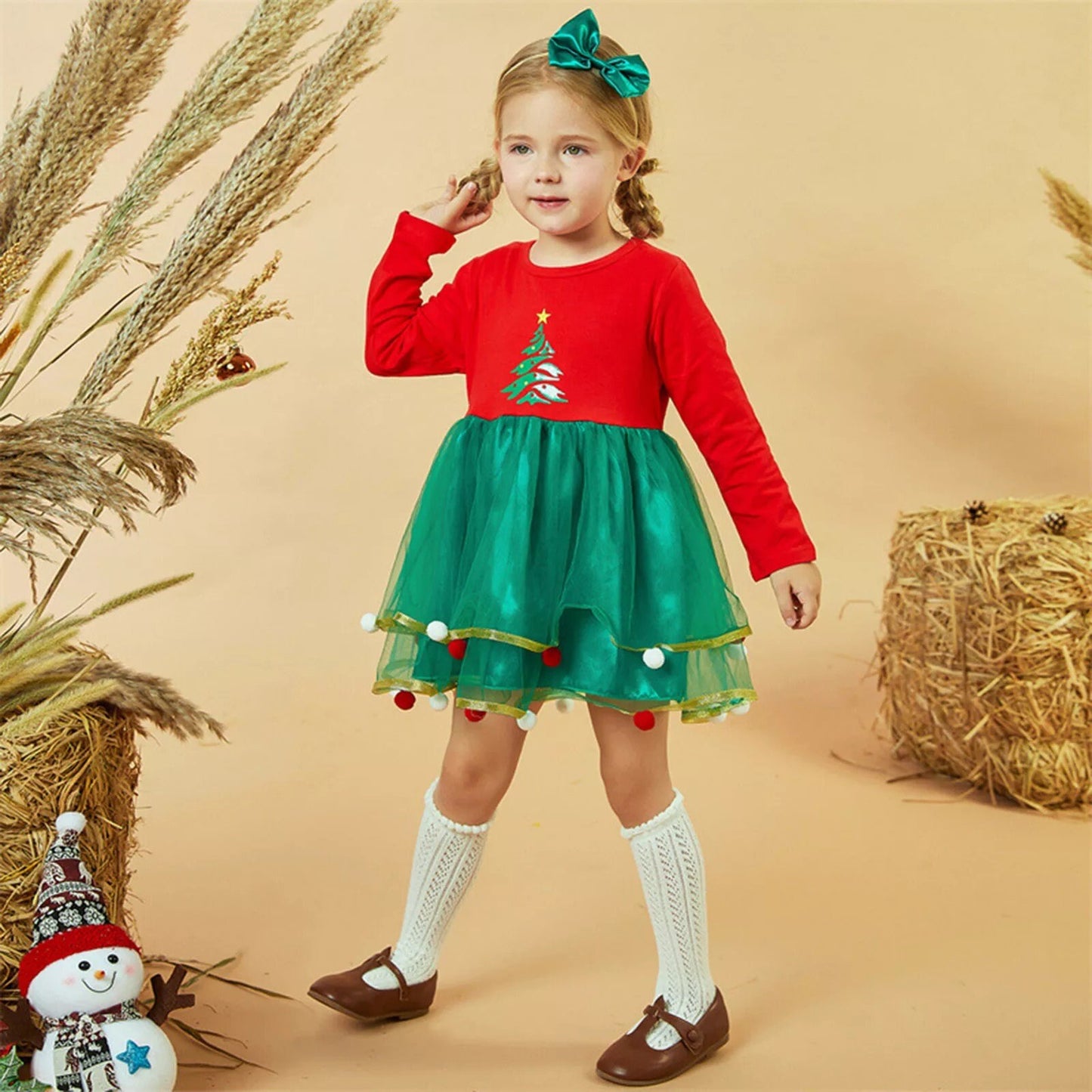 Toddler Girls Long Sleeve Dress Christmas Tree Printed Mesh Tulle Dress Princess Dress For Kids Girls 1-5 Years Xmas Costumes