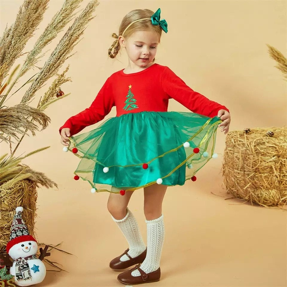 Toddler Girls Long Sleeve Dress Christmas Tree Printed Mesh Tulle Dress Princess Dress For Kids Girls 1-5 Years Xmas Costumes