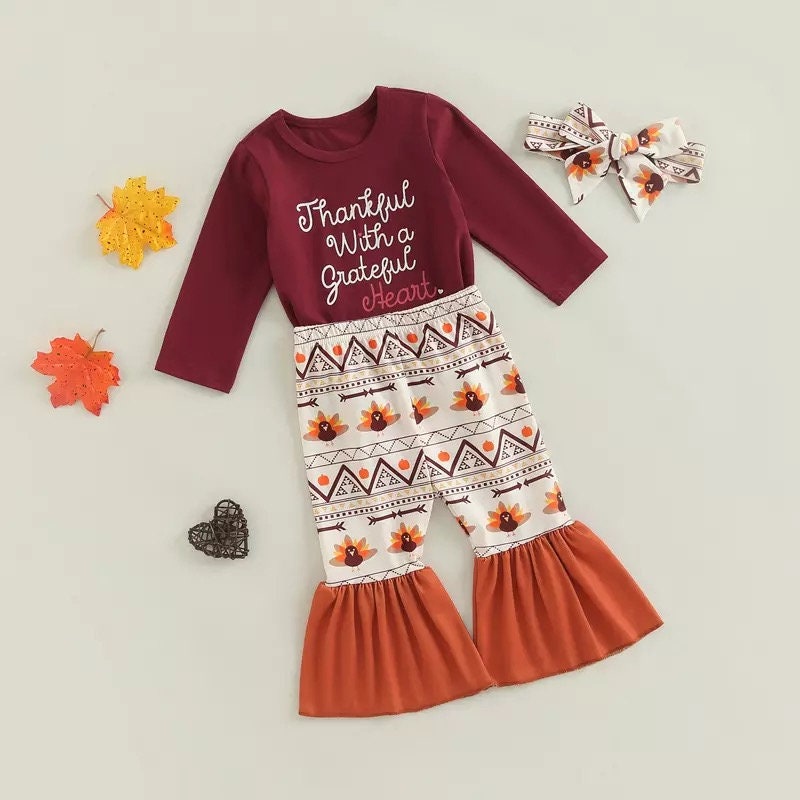 Infant Girls Thanksgiving Day Layette Turkey and Letters Printing Pullover, Bell Bottom Trousers Headdress