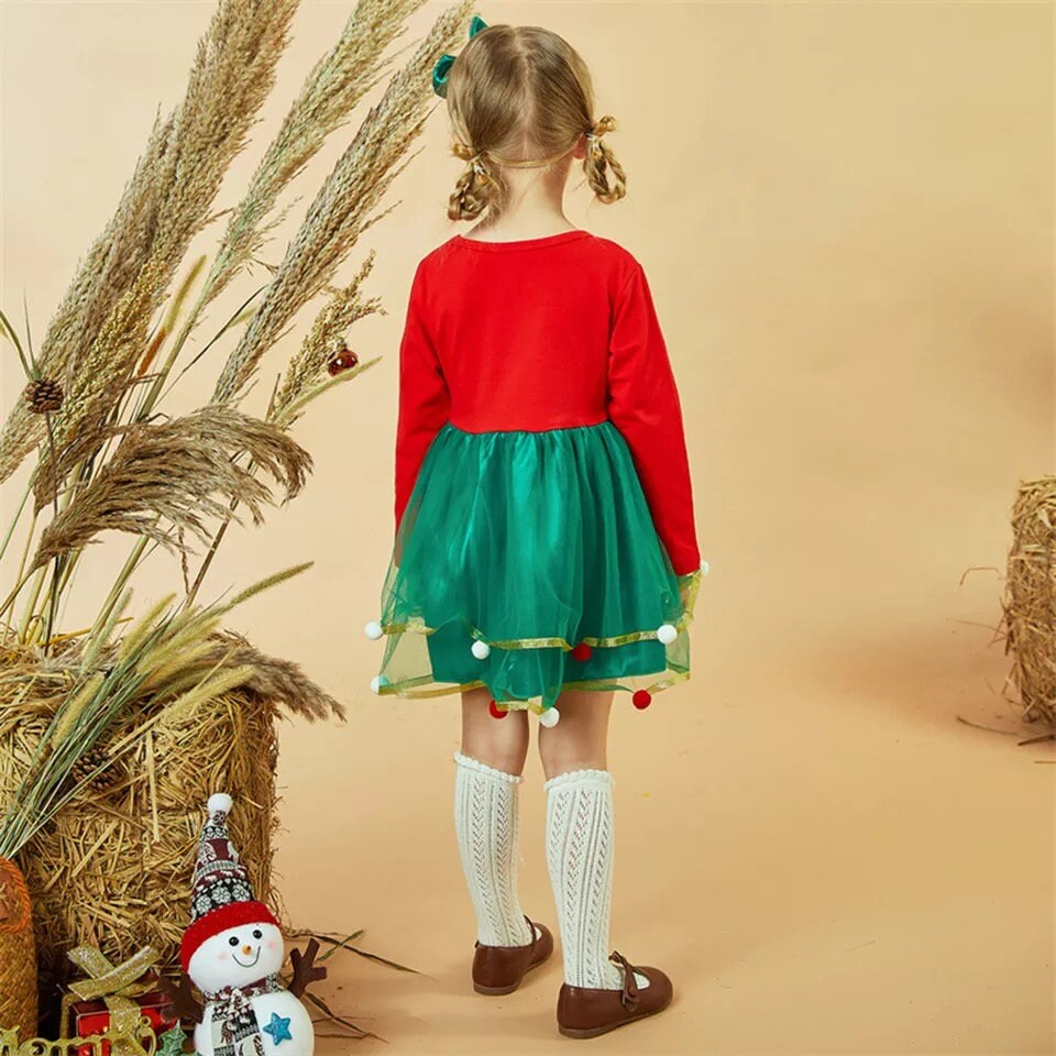 Toddler Girls Long Sleeve Dress Christmas Tree Printed Mesh Tulle Dress Princess Dress For Kids Girls 1-5 Years Xmas Costumes
