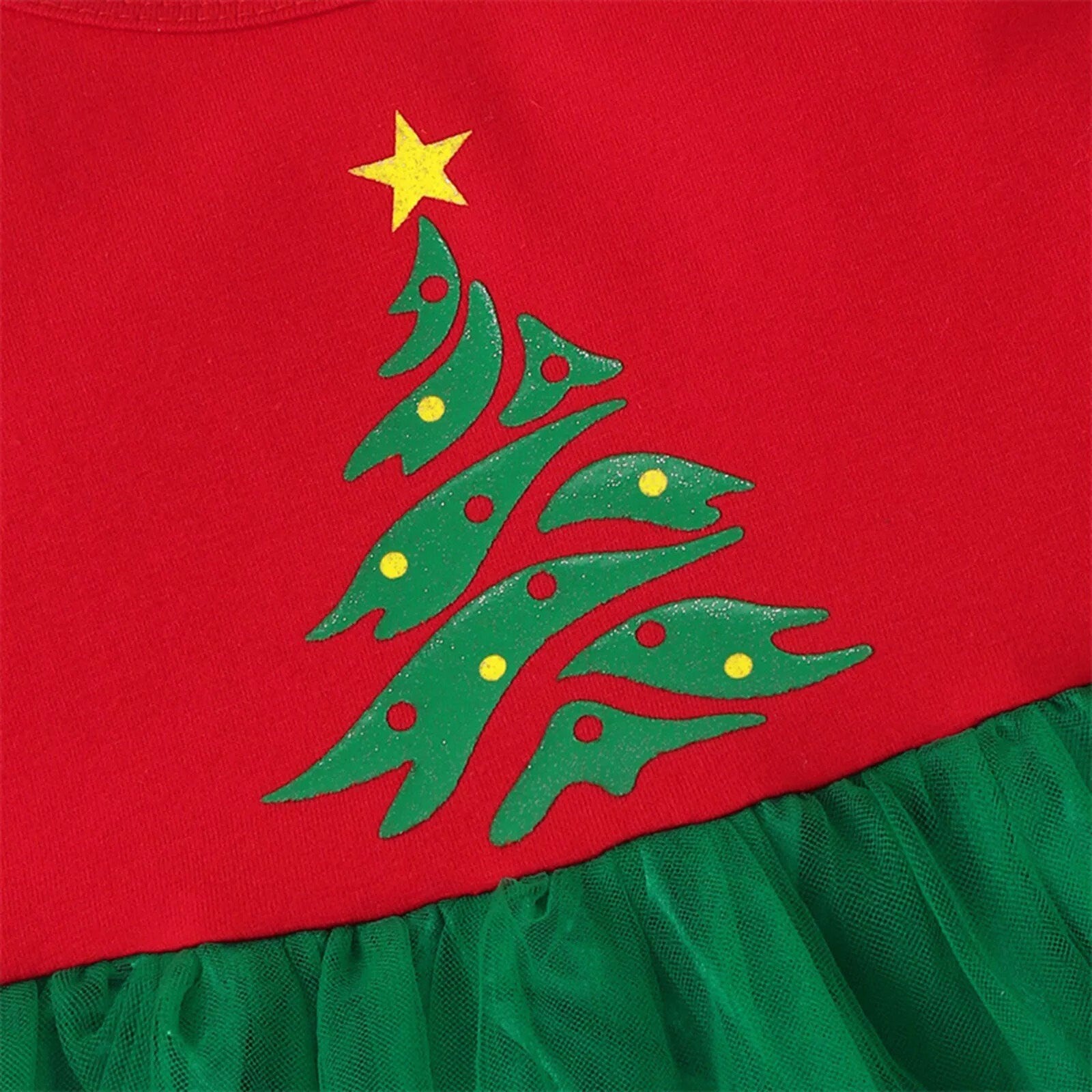 Toddler Girls Long Sleeve Dress Christmas Tree Printed Mesh Tulle Dress Princess Dress For Kids Girls 1-5 Years Xmas Costumes