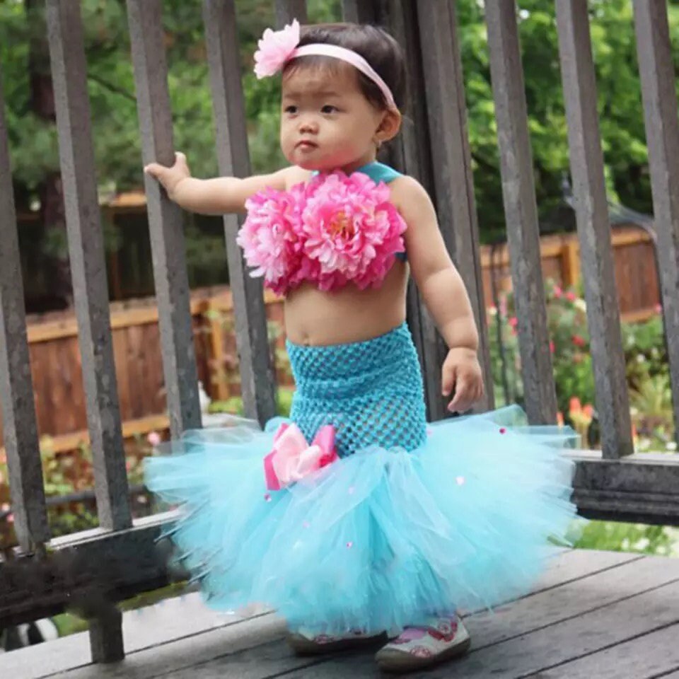 Flower Mermaid Princess Dress for Baby Girls Birthday Outfit Toddler Kids Sea-maid Costume Under the Sea Tutu Set Photo Prop