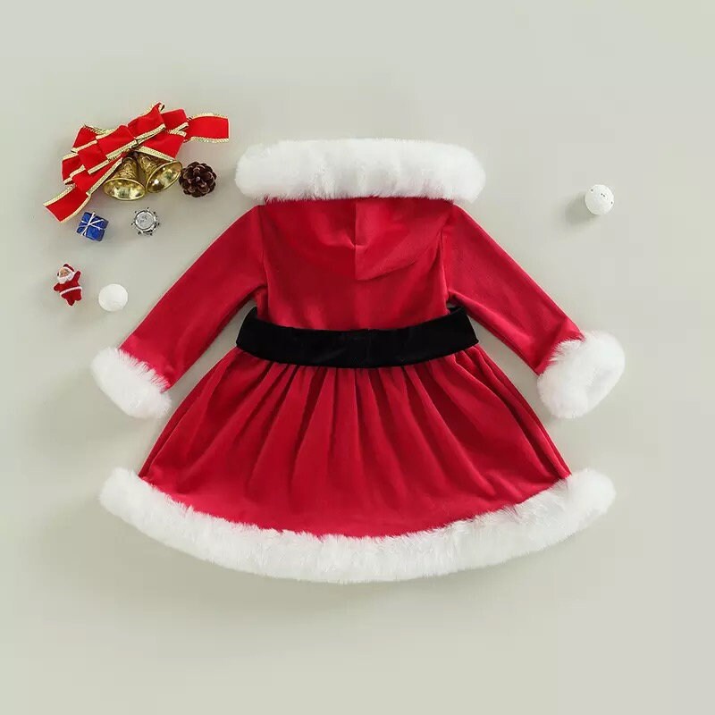 Christmas Xmas Princess Little Girls Autumn Dress 2pcs Fur Hooded Long Sleeve Velvet Christmas Dress With Belt 0-6Y