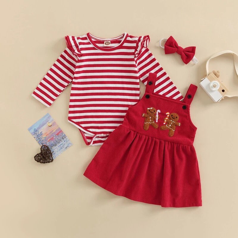 First Christmas Baby Autumn Baby Christmas Infant Baby Girl Outfits Newborn Baby Girl Clothes Sets Stripe Bodysuit+Embroidered Bib Dress