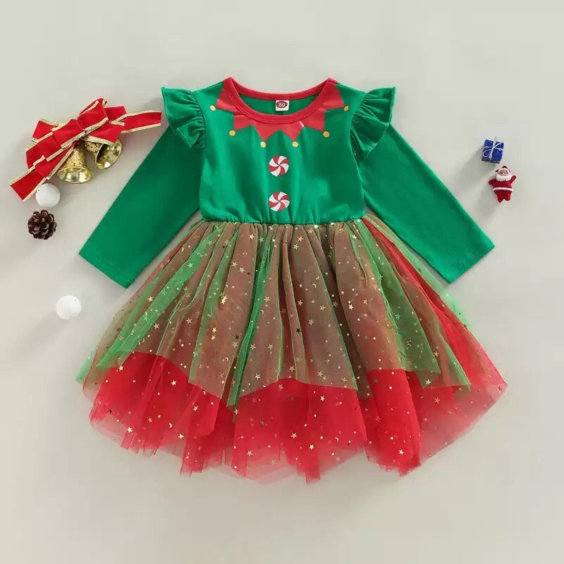 Elf 1-6Y Toddler Kids Girls Christmas Dress Long Sleeve Star Print Tulle Patchwork Lace Tutu Dress