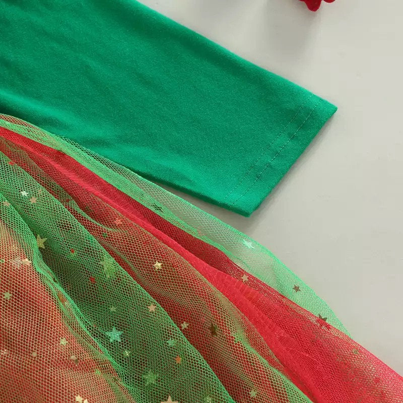 Elf 1-6Y Toddler Kids Girls Christmas Dress Long Sleeve Star Print Tulle Patchwork Lace Tutu Dress