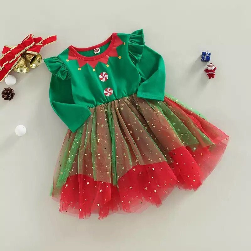 Elf 1-6Y Toddler Kids Girls Christmas Dress Long Sleeve Star Print Tulle Patchwork Lace Tutu Dress