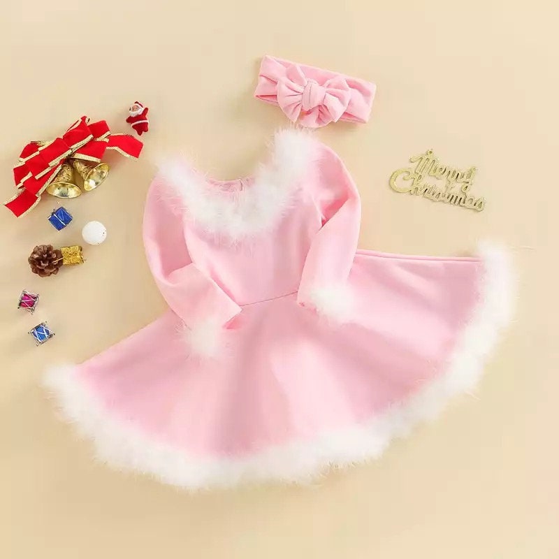 Pink Christmas Toddler Girls 1-5Y Princess Little Girls Autumn Party Dress Fur Collar Long Sleeve High Waist Solid A-Line Dress