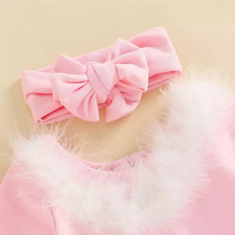 Pink Christmas Toddler Girls 1-5Y Princess Little Girls Autumn Party Dress Fur Collar Long Sleeve High Waist Solid A-Line Dress