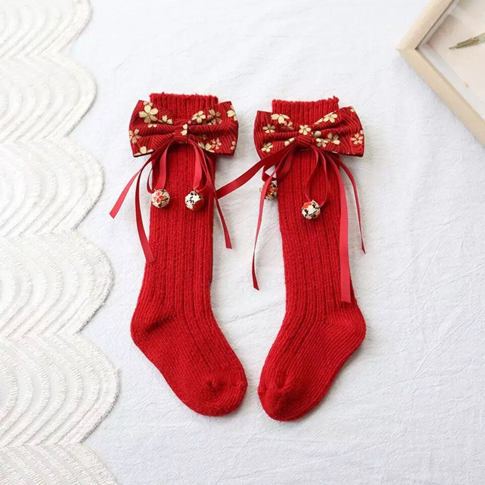 Christmas 2 Pack Autumn Winter Girls Christmas Bow Socks Knee Length Toddler Red New Year Xmas Soft Kids Baby Children Knee High Socks Gifts