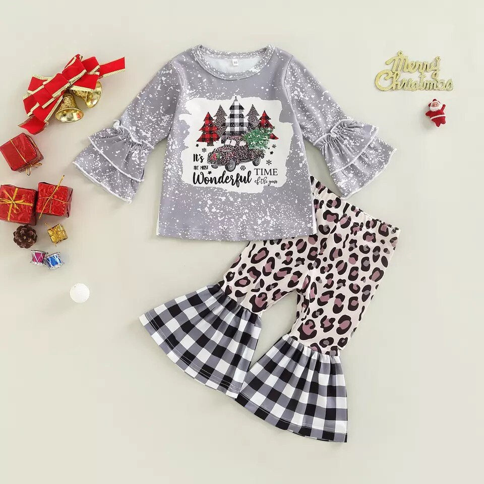 Christmas Kids Girls Trousers Outfits Tree Print Long Sleeve Tops and Casual Flare Pants Fall Xmas Clothes Set