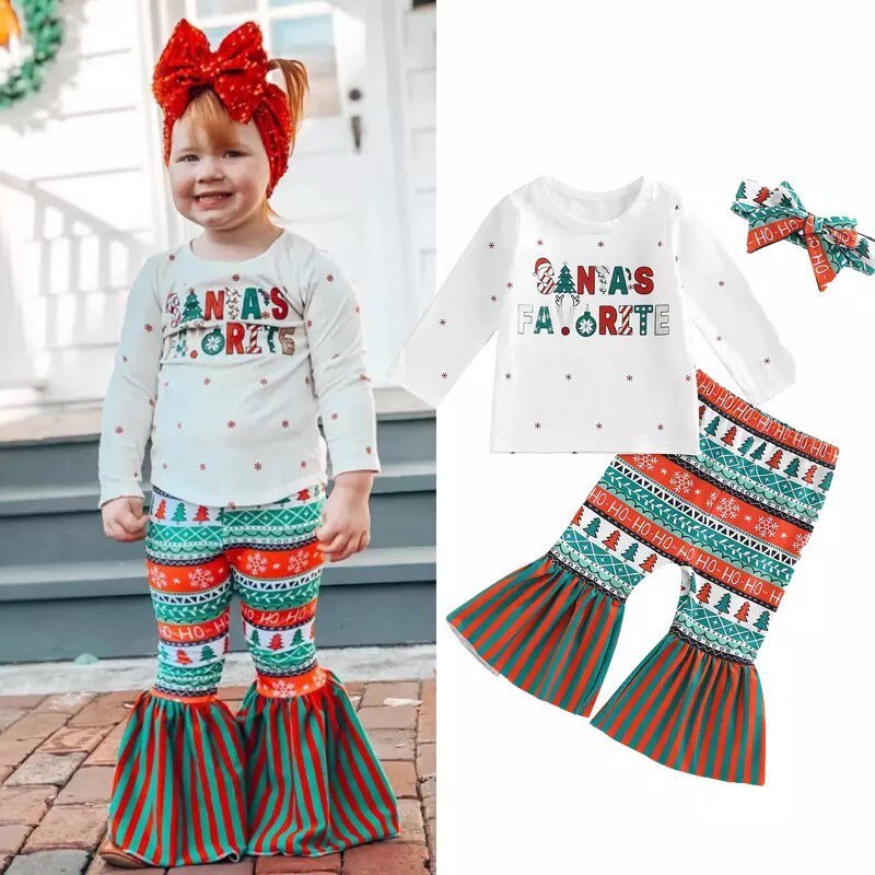 Santa Christmas Outfit 3 Pieces Kids Infant Baby Girls Suit Set, Letter Print O-Neck Long Sleeve Tops+ Floral Flared Pants+ Headband , 6M-4T