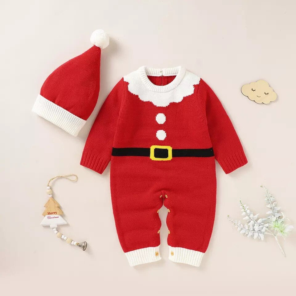 Santa Christmas Winter Autumn Christmas Kids Romper Baby Girl Long Sleeve Knitted Romper Newborn Girls Boys Jumpsuit Cap Clothes Outfit