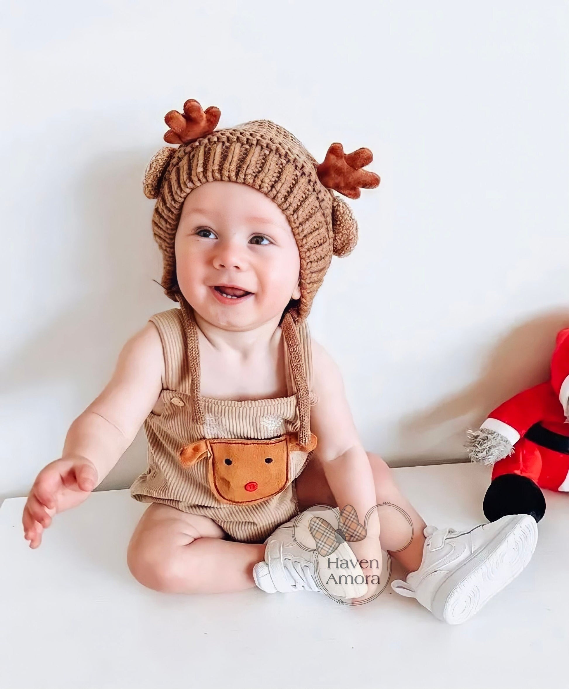 Reindeer Christmas Infant Baby Boy Girl Romper & Beanie Hat Set