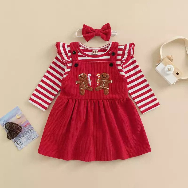 First Christmas Baby Autumn Baby Christmas Infant Baby Girl Outfits Newborn Baby Girl Clothes Sets Stripe Bodysuit+Embroidered Bib Dress