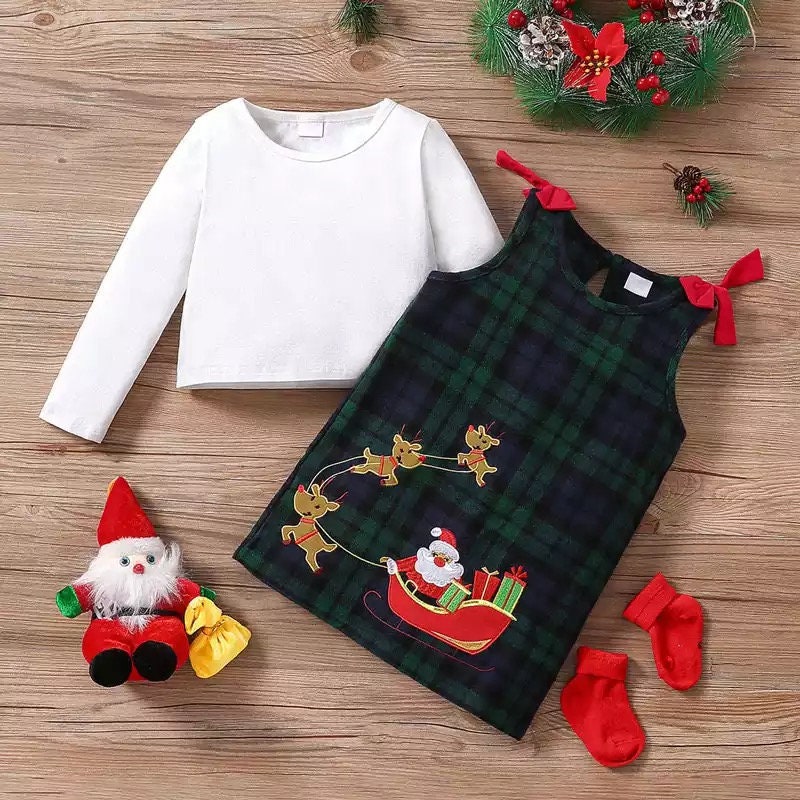 Toddlers Fashion Girls Christmas Clothes Sets 2pcs Solid Long Sleeve Pullover T Shirts Tops Santa embroidery Plaid Suspender Skirt