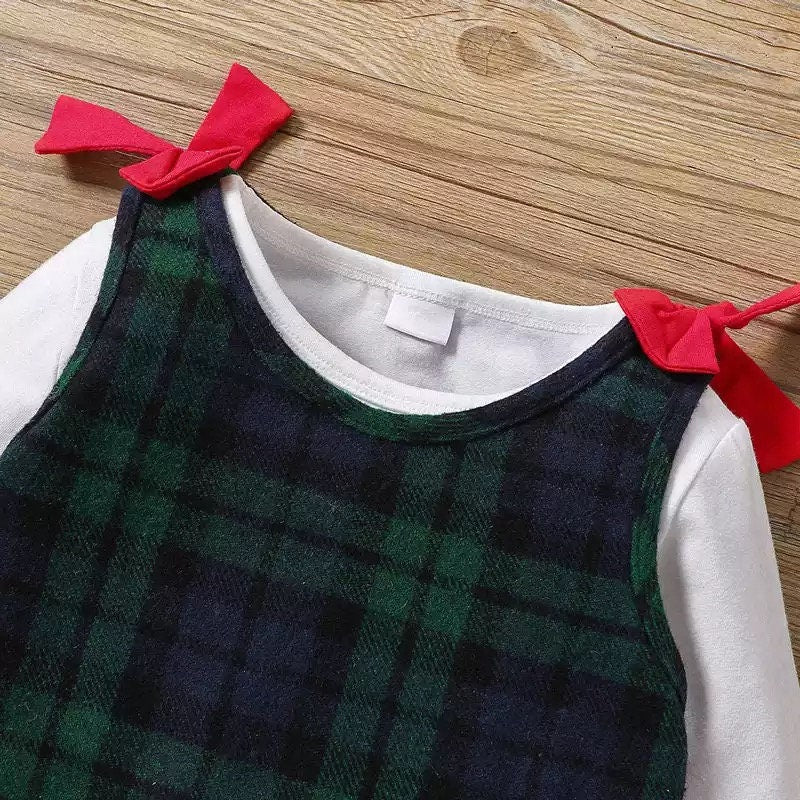 Toddlers Fashion Girls Christmas Clothes Sets 2pcs Solid Long Sleeve Pullover T Shirts Tops Santa embroidery Plaid Suspender Skirt