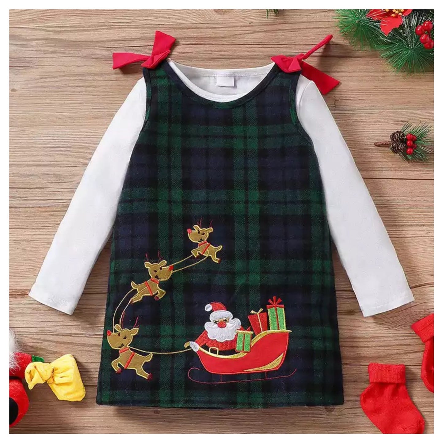 Toddlers Fashion Girls Christmas Clothes Sets 2pcs Solid Long Sleeve Pullover T Shirts Tops Santa embroidery Plaid Suspender Skirt