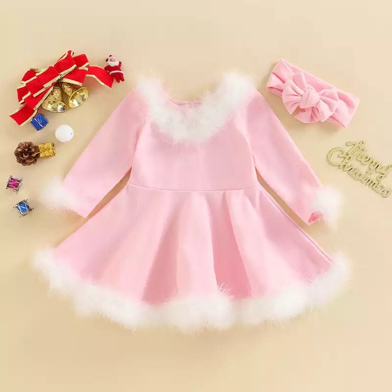 Pink Christmas Toddler Girls 1-5Y Princess Little Girls Autumn Party Dress Fur Collar Long Sleeve High Waist Solid A-Line Dress