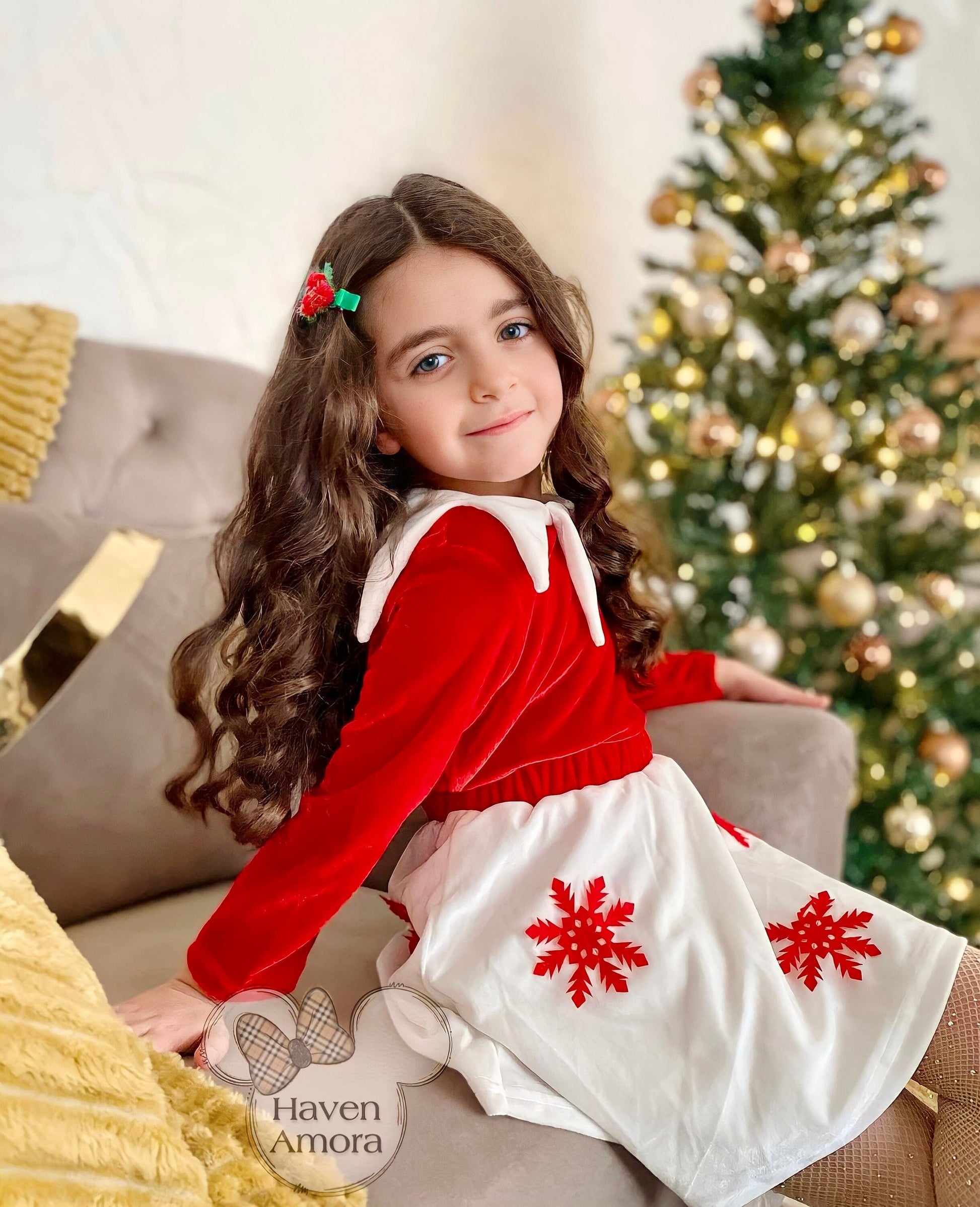 Elf 0-4Y Toddler Christmas Outfits Cute Red Tree Collar Snowflake Velvet Red Dress Baby Girl Christmas Costume For New Year